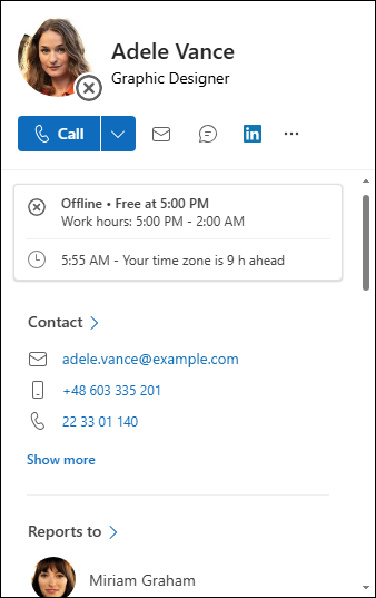 An Active Directory photo displayed in a contact card in Outlook An Active Directory photo displayed in a contact card in Outlook