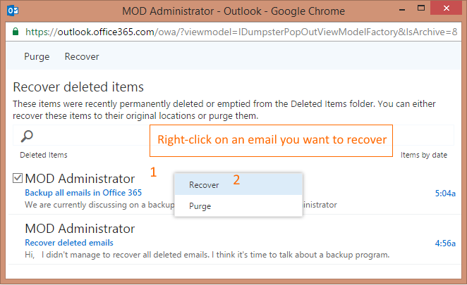 find recent items in outlook