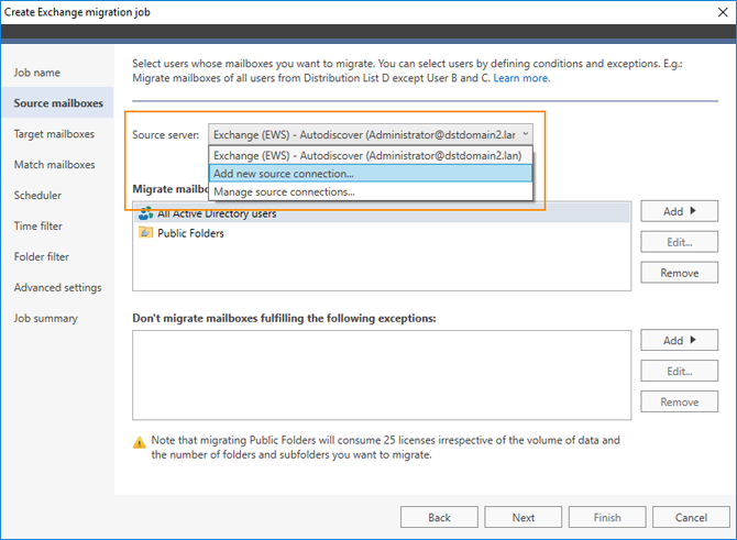 Connect to the source Exchange Server