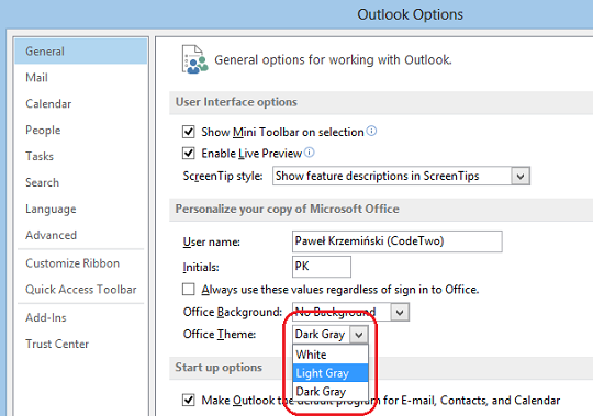 office 2016 outlook change colors
