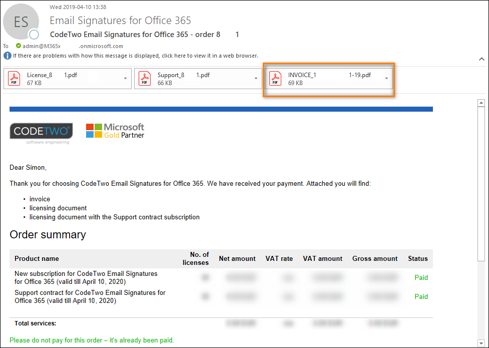 Where to find invoices for CodeTwo Email Signatures for Office 365