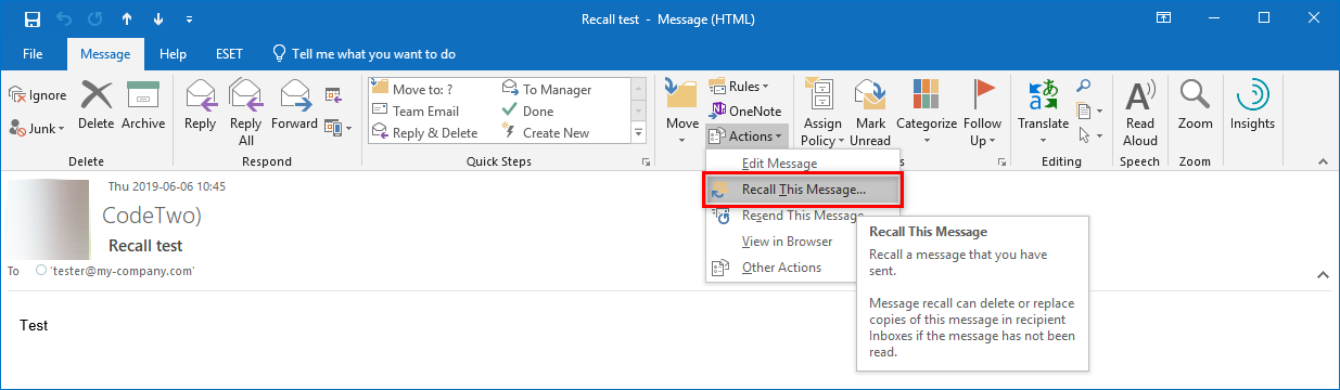how do you recall an email in outlook windows 10