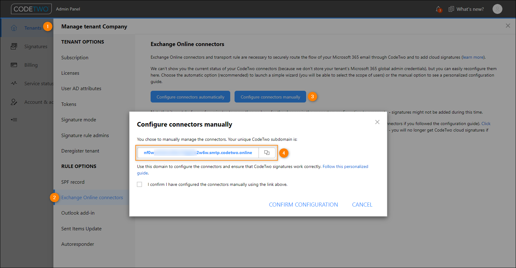 Where to find the CodeTwo domain assigned during provisioning